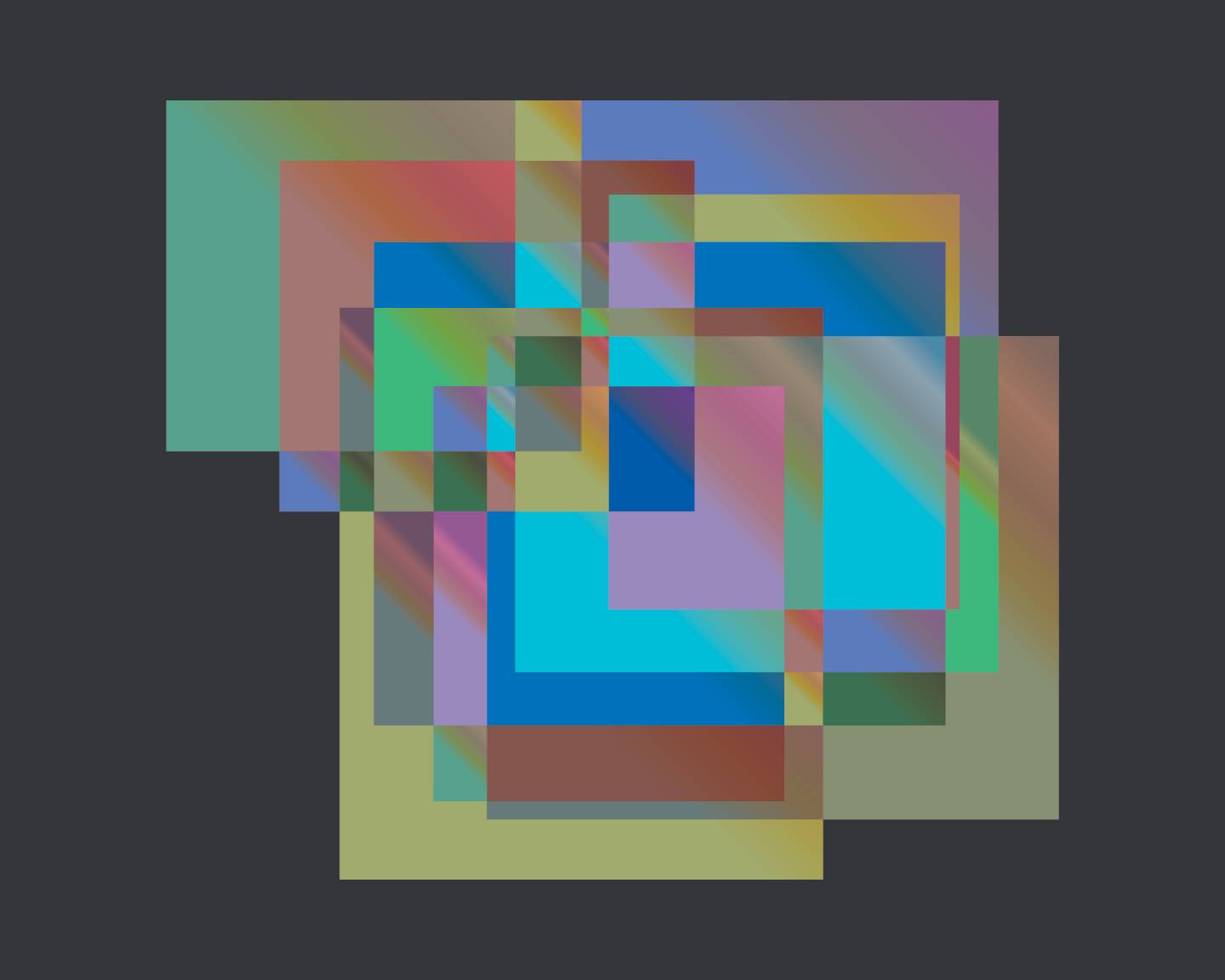 Digitally rendered abstract artwork with many colorful squares overlapping.